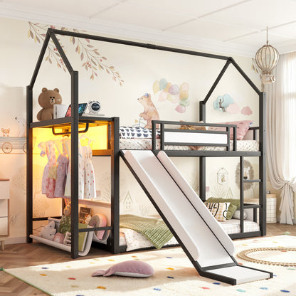 Twin Over Twin Metal Bunk Bed with Slide, LED Clothing Hanging Area, Fabric Storage Shelf & Power Outlet, Childlike Playhouse bunk bed Frame with low-profile design for Kids Girls,boys, Black