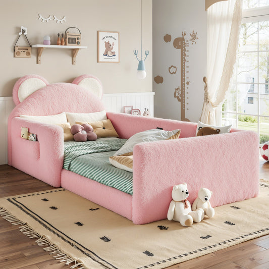 Twin Upholstered Kids Bed, Cute BearShaped Upholstered Floor bed, Children Bed Frame with Removable MagicTape Headboard, Low Floor Bed for Kids,White&Pink