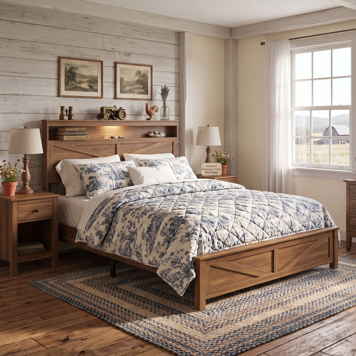 Queen size bed frame headboard with LED lights and charging station cushion platform bed frame, large bed, with headboard and hidden storage space, no box spring required, Antique,Brown