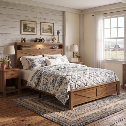 Queen size bed frame headboard with LED lights and charging station cushion platform bed frame, large bed, with headboard and hidden storage space, no box spring required, Antique,Brown
