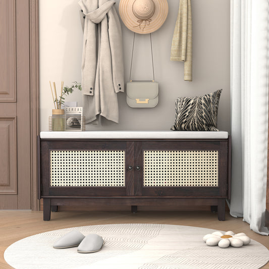 TREXM Boho Rattan Entryway Bench with Storage, Cushioned Shoe Bench with Double Doors