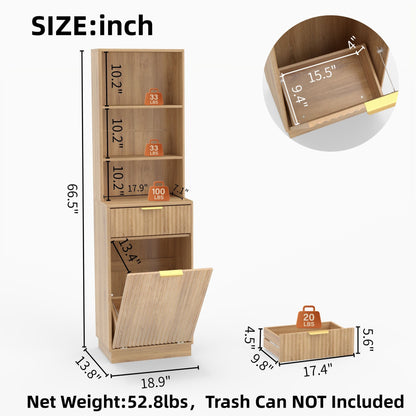 Tall Narrow Fluted Storage Cabinet with 10-Gallon Hidden Trash Bin Compartment, Freestanding Cabinet, Fixed Open Shelves & Drawer, Anti‑Tip for Kitchen Home‑Office Living Room (Trash Can NOT Included)