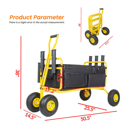 Fishing Cart Beach Cart Collapsible Wagon 9.85'' All-Terrain Wheels for Sand, Heavy Duty Garden Cart with Rod Holders