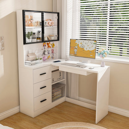 White L-Shaped Computer Desk with Glass Cabinets, Built-In LED Lights, USB Charging Ports