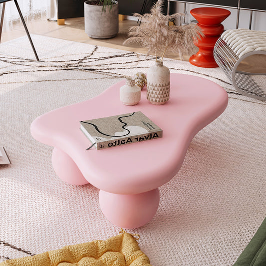 47 Inch Cloud Shaped Coffee Table, Low Coffee Table with 3 Ball Legs for Living Room, Pink