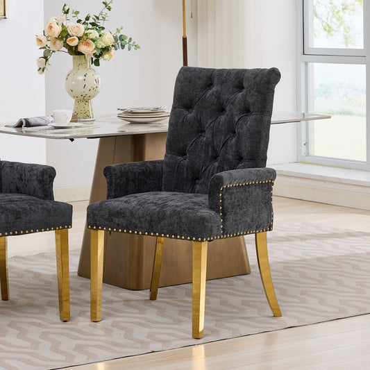 Upholstered Dining Chairs with Arms, Tufted Button High‑Back Accent Chair, Handcrafted Nailhead Trim Dining Side Chair with S‑Spring Cushion & Stainless Steel Legs, Set of 1,Black,SW1695BK