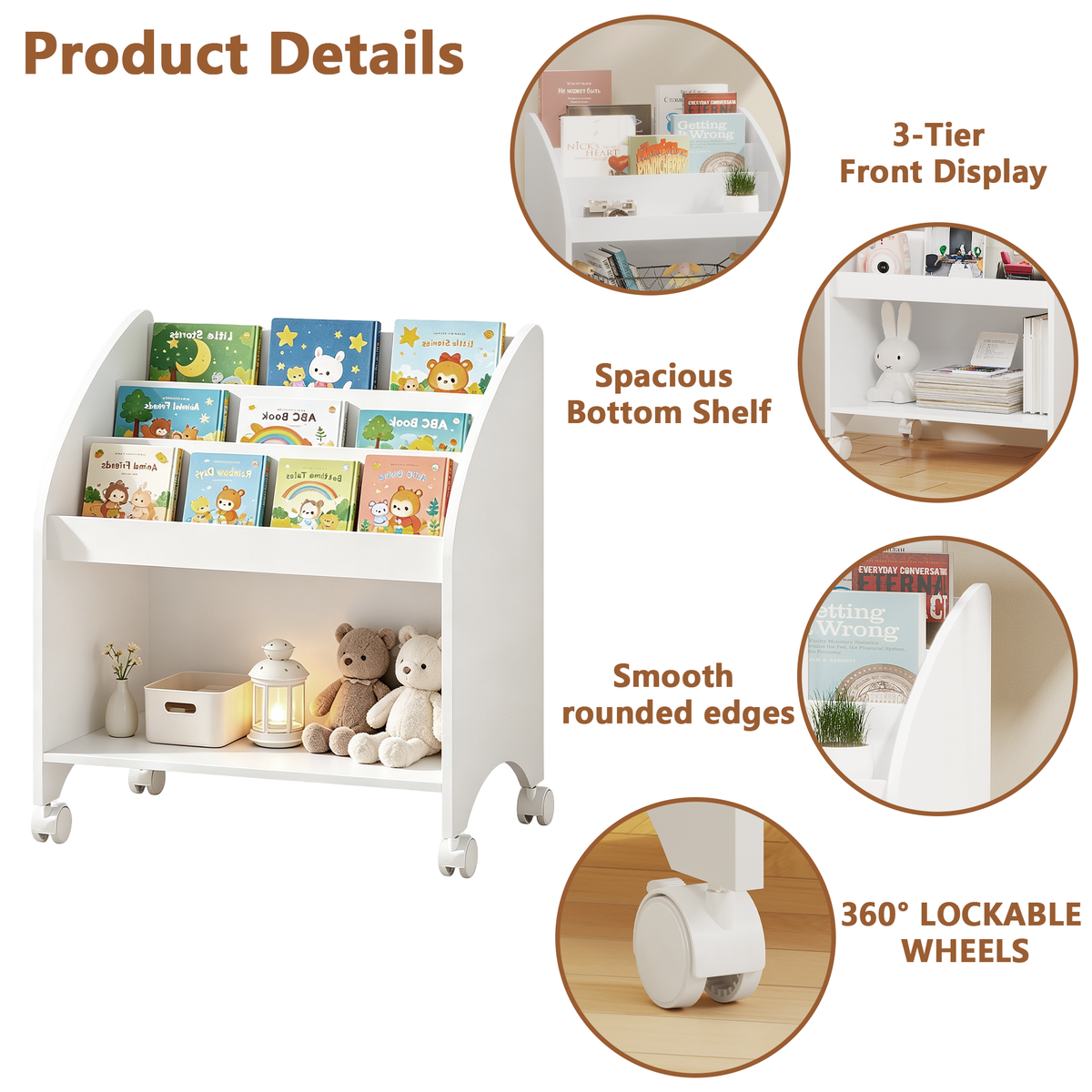 Kids Bookshelf with Wheels, 3-Tier Front Display Bookcase, MDF Rolling Book Organizer with 360° Lockable Casters, Children Storage Shelf for Nursery Bedroom Playroom