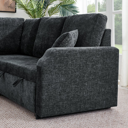 81.2'' Modular Sectional Sofa with Pull Out Bed, 5-Seater L Shaped Sectional Sleeper Couch with Hidden Storage, Chenille Convertible Couches for Living Room, Apartment (Black)