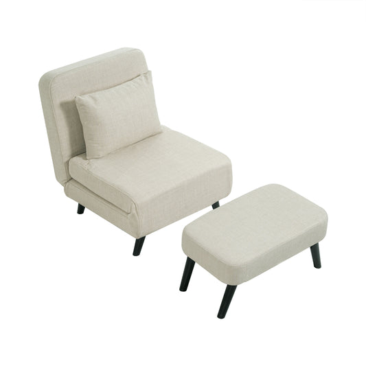 3 in 1 Foldable Linen Chaise Lounge with Adjustable Backrest, Footrest & Detachable Pillow, Convertible Chair Bed, Accent Chair, Small Space Sofa Bed for Living Room, Bedroom and Office, Beige