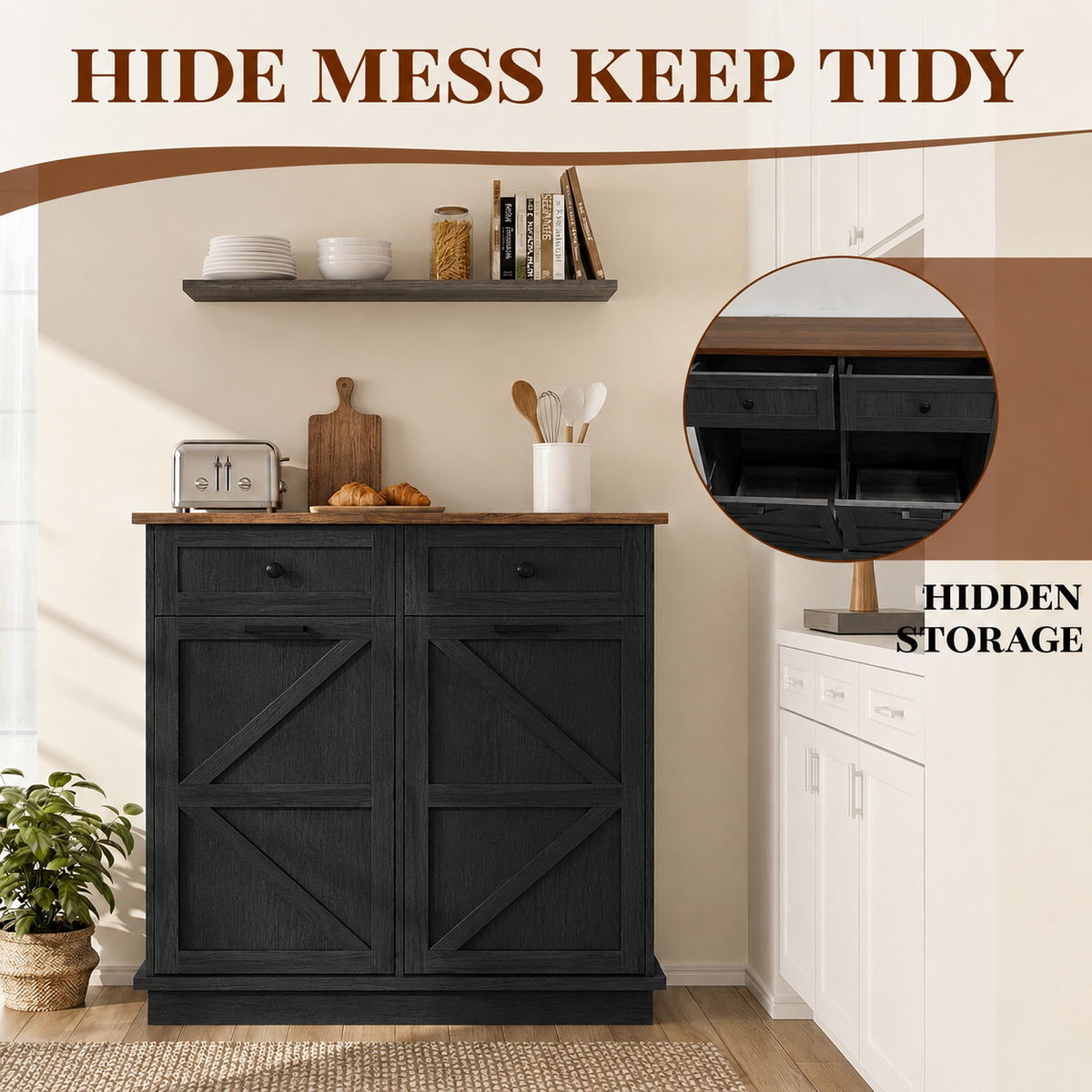 Tilt Out Trash Can Cabinet for Kitchen, Double 10-Gallon Hidden Trash Cabinet with Drawer, Farmhouse Wooden Garbage Cabinet, Dog Proof Trash Can Storage for Kitchen Laundry Living Room Office