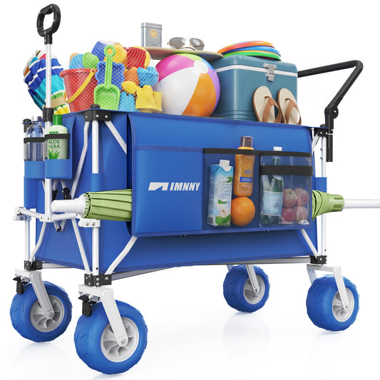Multi-Functional Push-Pull Folding Wagon Cart with Rotating Handle & 9"x4" Beach Tires for Camping & Beach –400L Heavy-Duty, 600lbs load, Large Capacity for Transport, Groceries, and Outdoor Use