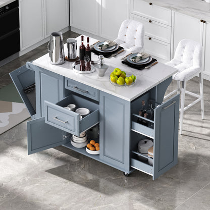 K&K 50.7" Kitchen Island with Storage Tilt Trash Can Cabinet and Pull Out Cabinet Organizer – Blue