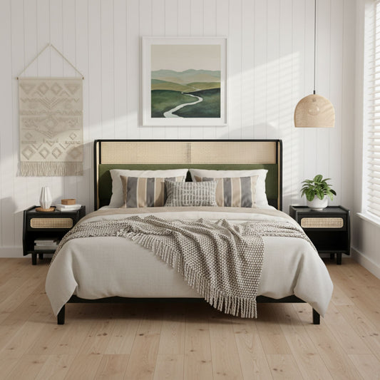 Queen Size Bed Frame with Green Headboard, Black with Green Solid Wood  Bed, No Box Spring Required, Modern Bedroom Furniture