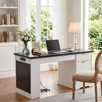 55" Modern Fluted Office Desk with Storage Cabinet & Drawers, Computer Writing Desk with Power Outlet, Pegboard