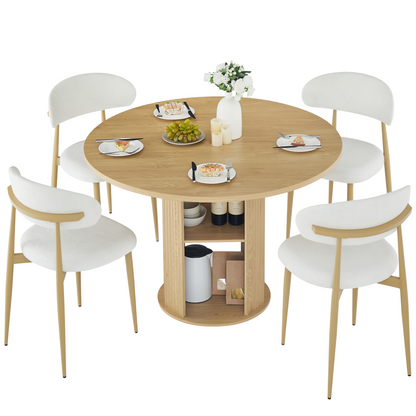 47.24' Round Dining Table (Serves 2–4) with Two Dining Chairs Blends modern and farmhouse styles, featuring a double-tiered storage shelf, suitable for dining rooms or living spaces.Natural