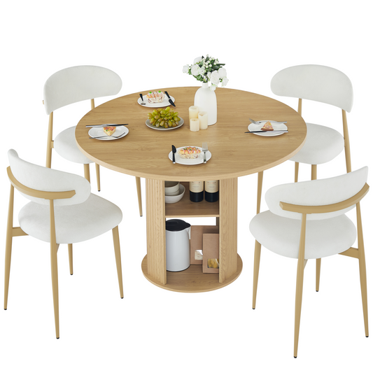 47.24' Round Dining Table (Serves 2–4) with Two Dining Chairs Blends modern and farmhouse styles, featuring a double-tiered storage shelf, suitable for dining rooms or living spaces.Natural