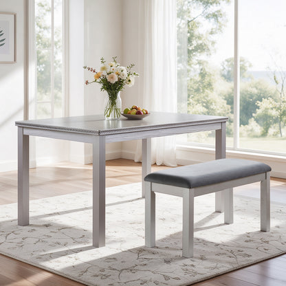 58.5' Dining Table and Bench Set of 2, Rectangle Wood Kitchen Table with Beaded Edge & Upholstered Bench, Distressed Silver-Gray Finish for Dining Room, 4-6 Seater