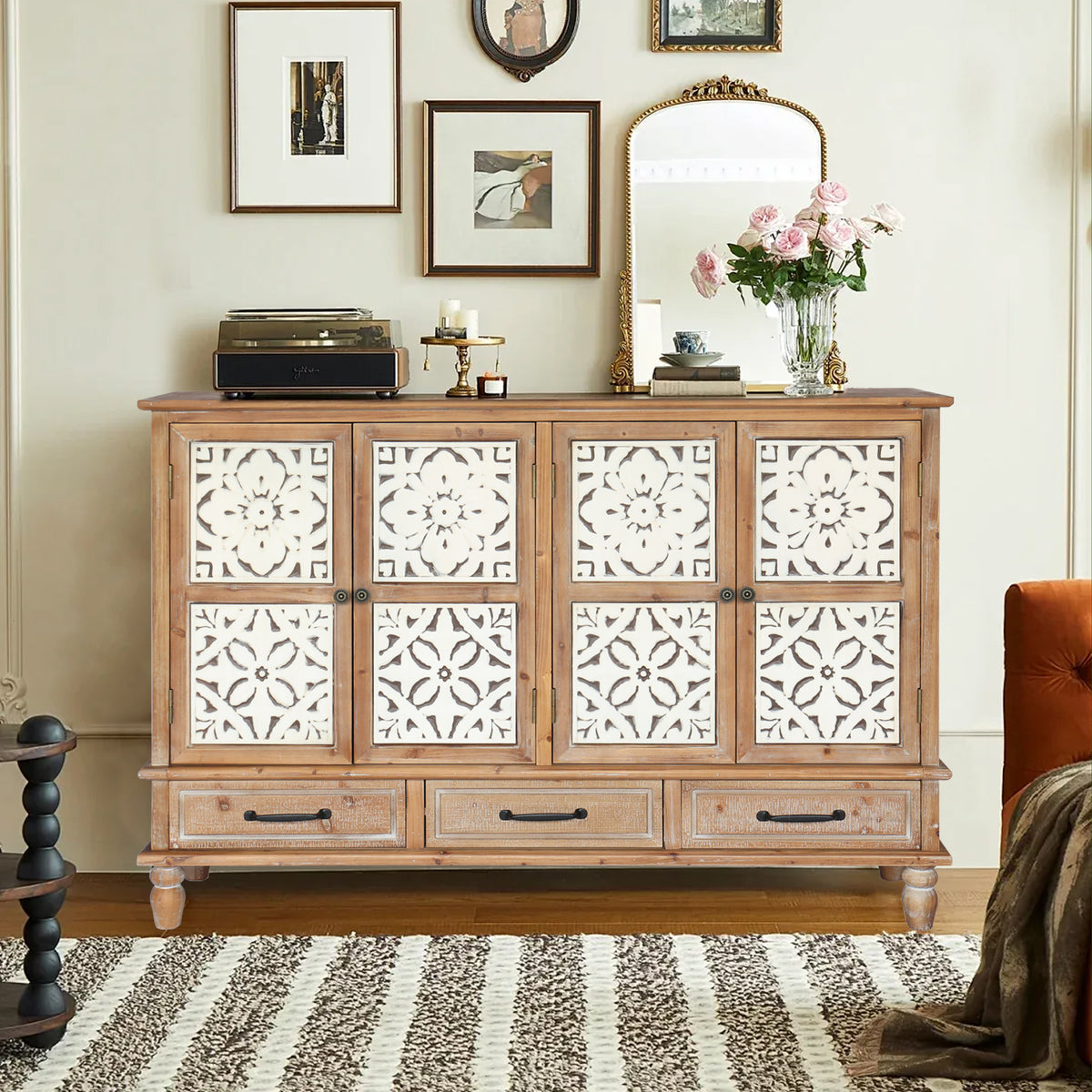 59.06' Chic Natural Wood Accent Cabinet, 4 Doord 3 drawers Sideboard Buffet with Adjustable Shelves, Stylish Storage for Living Room, Kitchen, and Dining, Easy Assembly, Durable MDF, Natural Wood