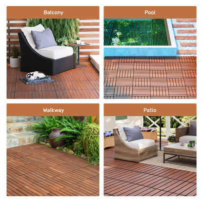 10 PCS Interlocking Deck Tiles Striped Pattern, 12" x 12" Square Acacia Hardwood Outdoor Flooring for Patio, Bancony, Pool Side,...
