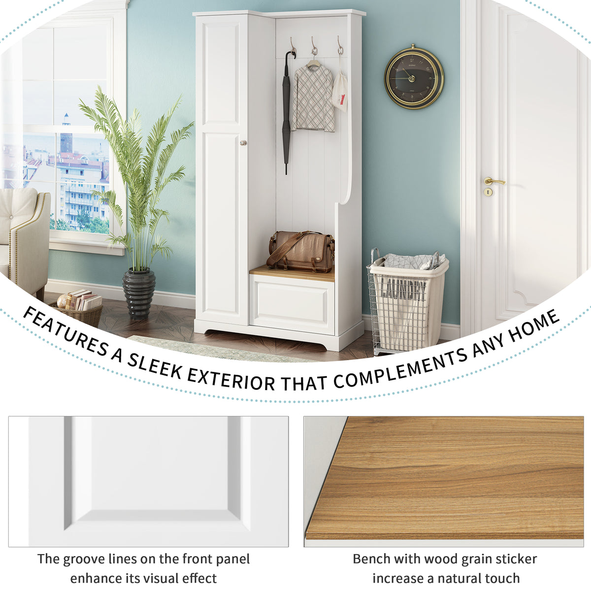 Stylish Design Hall Tree with Flip-Up Bench, Minimalist Hallway Shoe Cabinet with Adjustable Shelves, Multifunctional Furniture with Hanging Hooks for Entryways, Mudroom, White (OLD SKU: WF304223AAK)