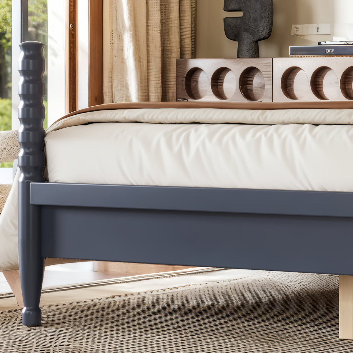 Queen Size Platform Bed with Arched Woven Headboard, Four Poster Stylish Wooden Bed Frame, Elegant Curved Headboard Bed Frame For Bedroom,Blue