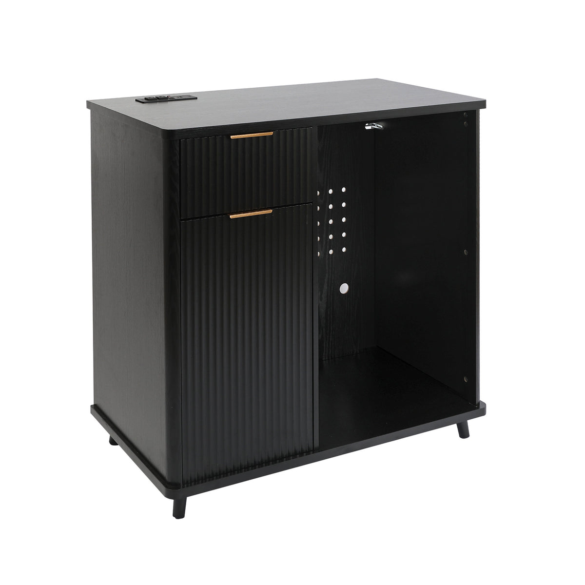 Fluted Coffee Bar Cabinet with Mini Fridge Space & Charging Station, Home Bar Cabinet with Hidden Trash Can Storage & Drawer for Kitchen, Dining Room or Living Room,Black