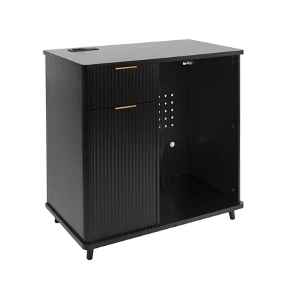 Fluted Coffee Bar Cabinet with Mini Fridge Space & Charging Station, Home Bar Cabinet with Hidden Trash Can Storage & Drawer for Kitchen, Dining Room or Living Room,Black