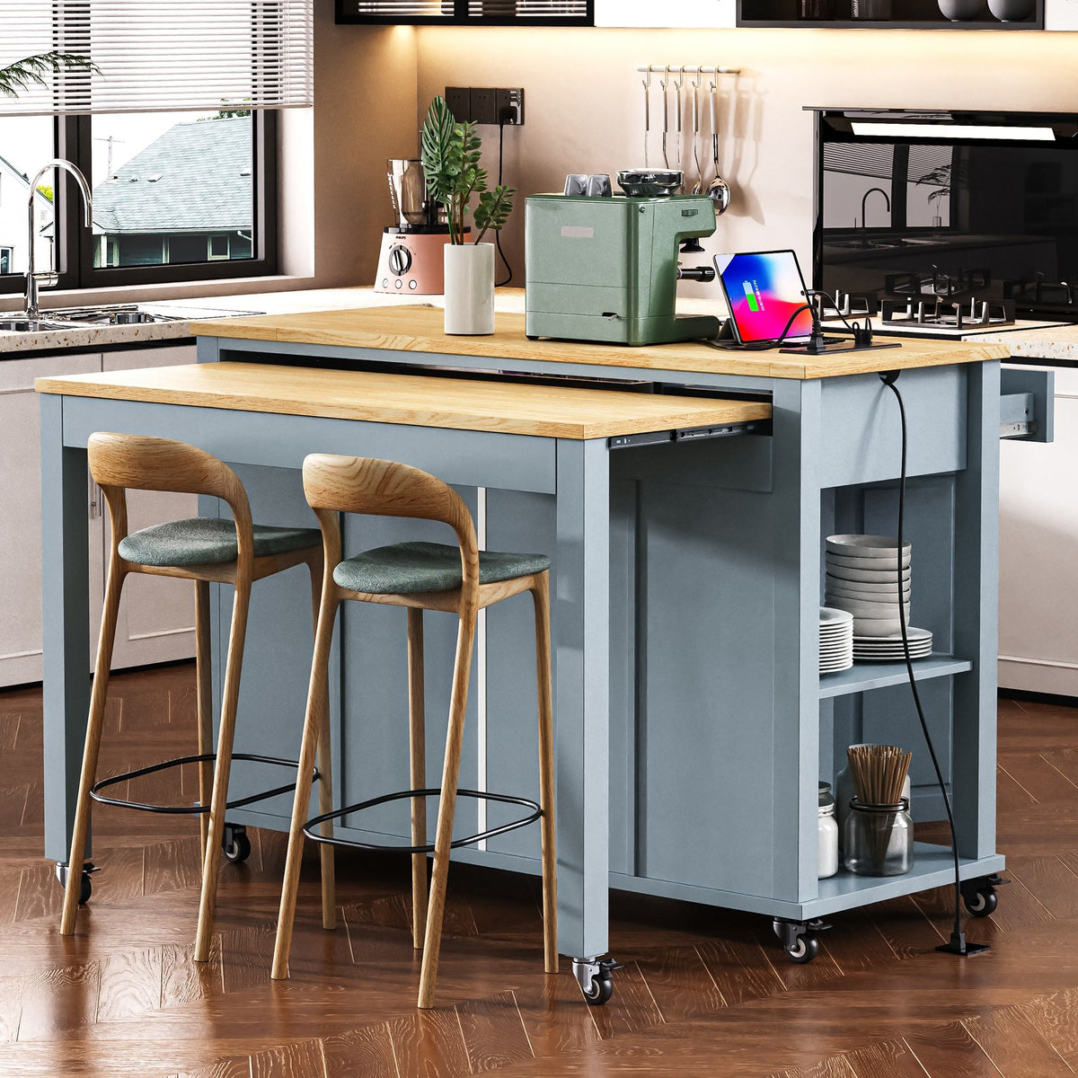 K&K 47 inch Kitchen Island with Extendable Dining Table, Rubber Wood Veneer Kitchen Table with Internal Storage Rack, Power Outlet