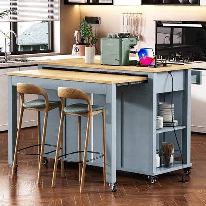 K&K 47 inch Kitchen Island with Extendable Dining Table, Rubber Wood Veneer Kitchen Table with Internal Storage Rack, Power Outlet