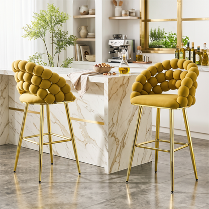 Mustard Yellow Bubble Bar Stools Set of 2, Velvet Upholstered Counter Height Bar Chairs with Gold Metal Legs, Round Padded Backrest Kitchen Island Stools with Footrest for Home Bar Cafe