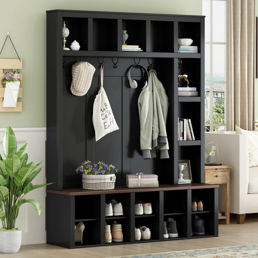 Farmhouse Wooden Hall Tree with 6 Hooks, Walnut Storage Bench with Adjustable Shelves,  4-in-1 Entryway Shoe Cabinet with Cubbies for Mudroom, Living Room, Black, 76.7'H (OLD SKU: N721S000044B)