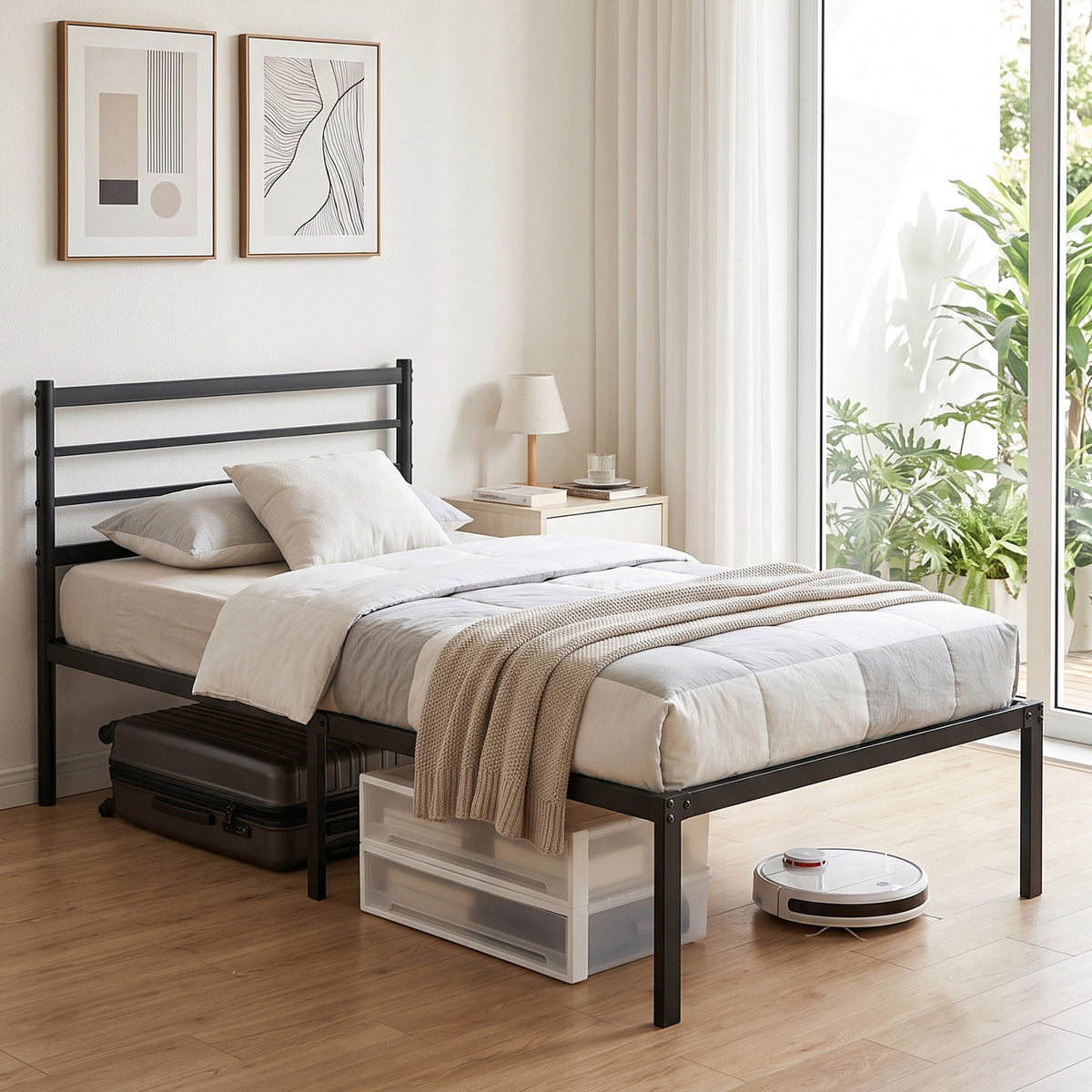 Twin Metal  Bed Frame with Headboard, 440 LBS Heavy Duty Steel Slat Support, No Box Spring Needed, 12.28" Under Bed Storage, Noise-Free & Easy Assembly, Black