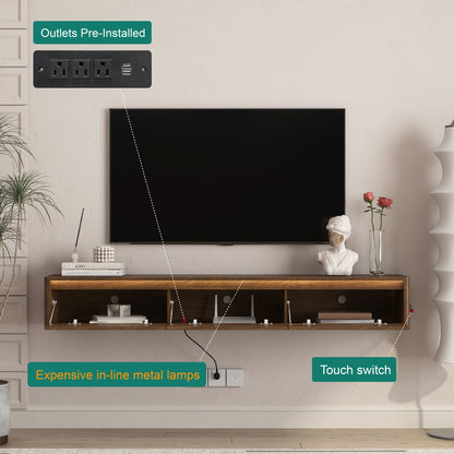 Floating TV Stand,Wall Mounted TV Shelf with Led Lights & Power Outlet,Fluted TV Cabinet for Wood tv Stands for Living Room