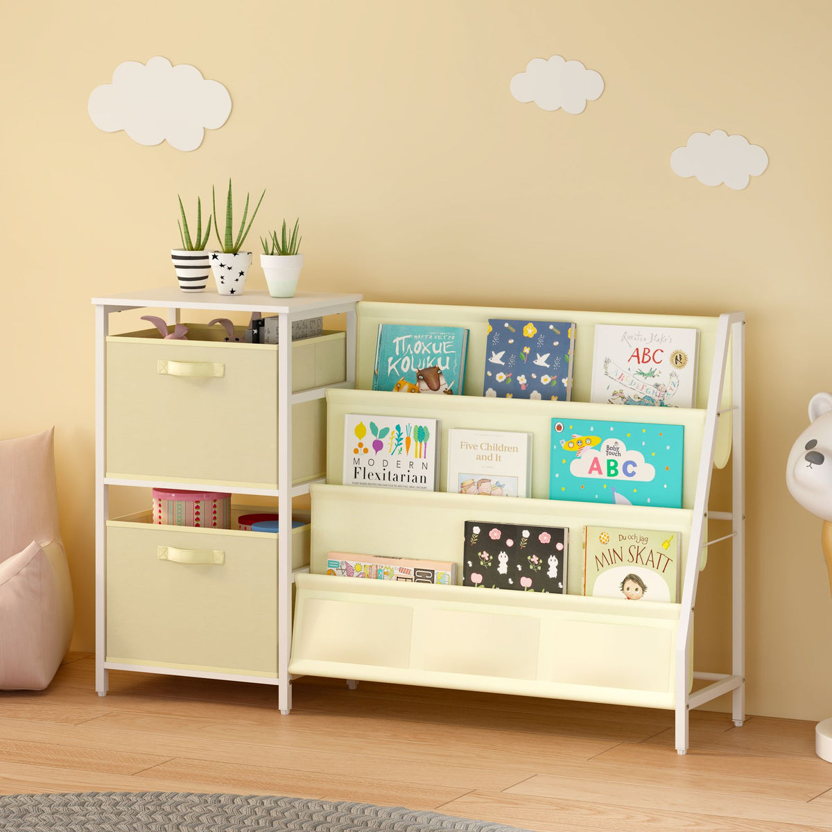 Kids Bookshelf with 3-Tier Front-Facing Book Display, 2 Storage Bins and Bottom Cabinet, Children's Bookcase Organizer for Bedroom, Playroom and Nursery