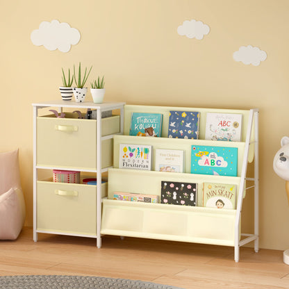 Kids Bookshelf with 3-Tier Front-Facing Book Display, 2 Storage Bins and Bottom Cabinet, Children's Bookcase Organizer for Bedroom, Playroom and Nursery
