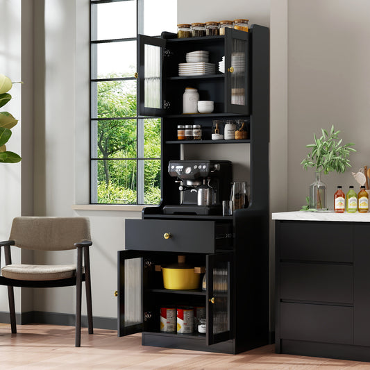 Black Kitchen Pantry Hutch Storage Cabinet, Farmhouse Kitchen Hutch Buffet Cabinet with Microwave Stand