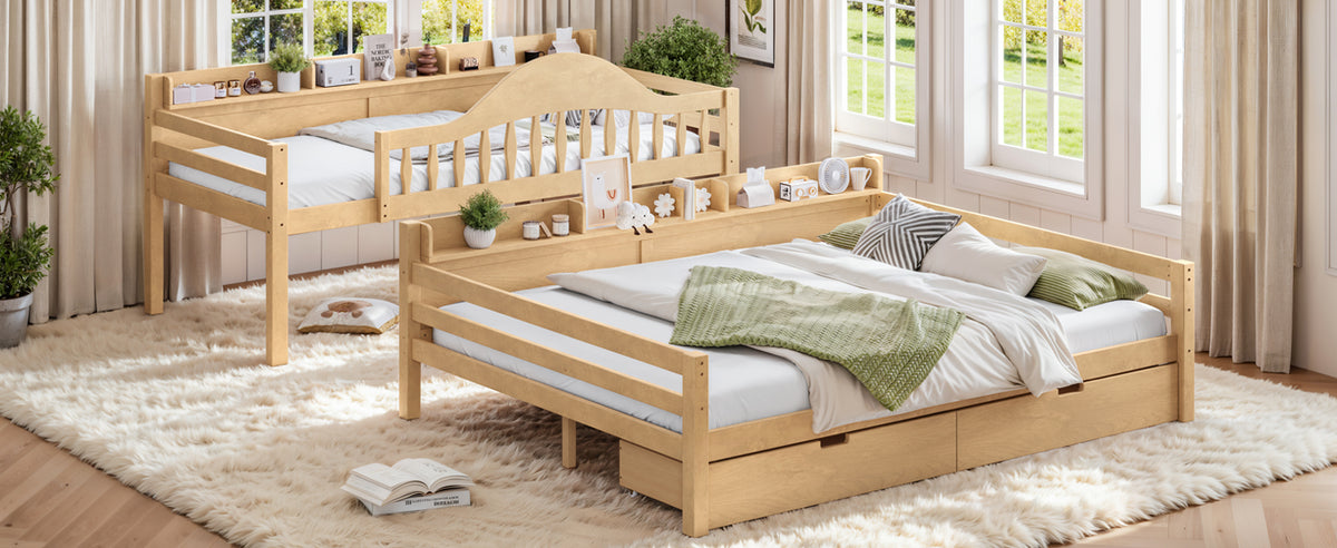 Twin XL Over Queen Bunk Bed with Storage Drawers, Chic Curved Guardrail & Side Storage Shelves, solid wood Bunk Bed Frame with Ladder, No Box Spring Needed. Natural