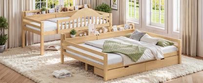 Twin XL Over Queen Bunk Bed with Storage Drawers, Chic Curved Guardrail & Side Storage Shelves, solid wood Bunk Bed Frame with Ladder, No Box Spring Needed. Natural