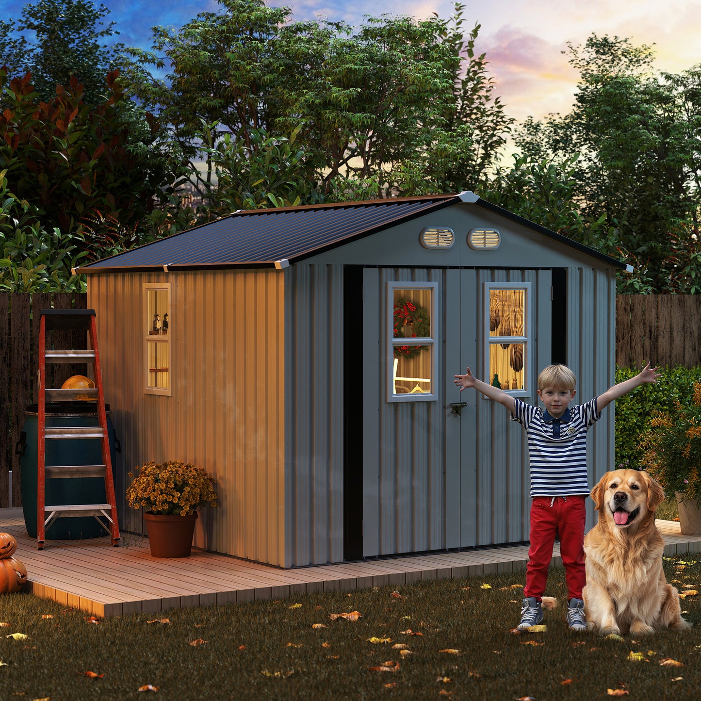 Outdoor Storage Shed, 8x8  protective film, four daylight Windows Lockable Doors,A practical and thoughtful gift,two colors can be freely selected white storage sheds