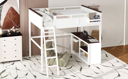 White Queen Size Loft Bed with Desk, Open Shelf, Storage Box and USB Charging Station, Pine+MDF