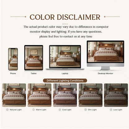 Queen size bed frame headboard with LED lights and charging station cushion platform bed frame, large bed, with headboard and hidden storage space, no box spring required, Antique,Brown