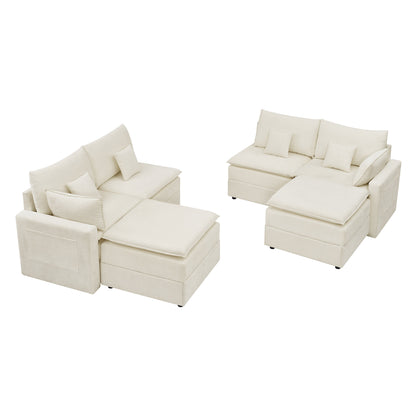 132" Cloud Modular Sectional Sofa, Deep Seat U Shaped Couch with Ottoman, Chenille Upholstered Sofa with Chaise, Plush Cushions, 6 Seat Modern Comfy Couch for Living Room & Apartment, Beige