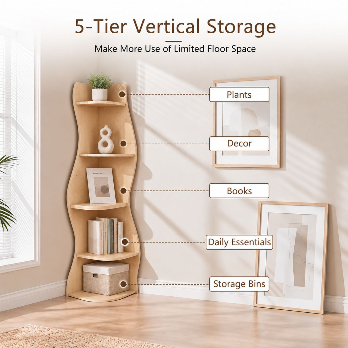 (Old Sku : W5156P534910)5-Tier Corner Shelf, Modern Wavy Corner Bookshelf, Tall Corner Storage Rack for Living Room, Bedroom, Kitchen, Home Office, Space-Saving Display Stand with Rounded Edges