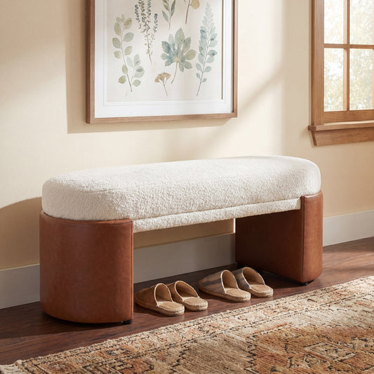 Beige Boucle & Brown PU Upholstered Indoor Dining Bench, Rubber & Plywood Frame, 48.03" L Modern Accent Bench, 250 lbs Capacity