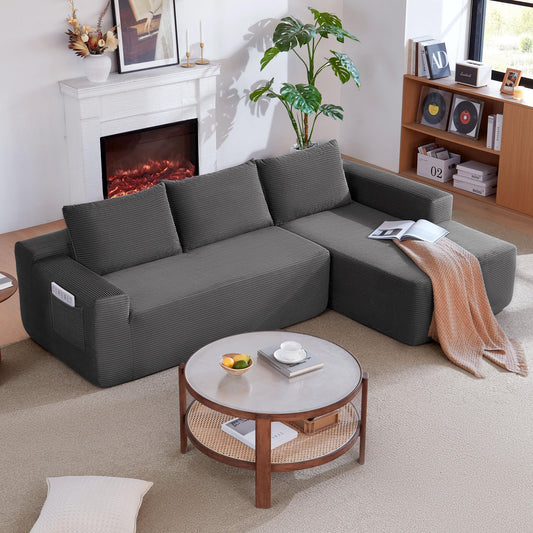 New 96.9"Compressible doubleCloud Sectional Couch with L-Shape Chaise,Modern Modular Sofa with Deep Seat,Upholstered Couches for Living Room Bedroom,No Assembly Required, Corduroy Fabric,Grey Right