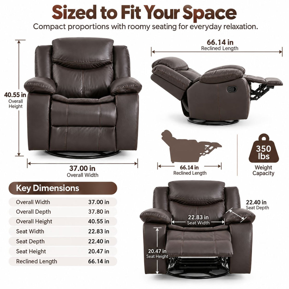 Faux Leather Swivel Recliner Chair, Manual Reclining Armchair with 360° Swivel Base, Padded Backrest & Armrests