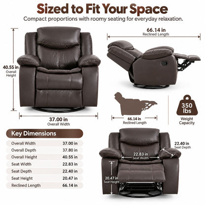 Faux Leather Swivel Recliner Chair, Manual Reclining Armchair with 360° Swivel Base, Padded Backrest & Armrests
