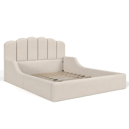 Queen Teddy Fabric Upholstered Floor bed, Stylish Upholstered Kids bed, Low Profile Children Bed Frame, Soft Plush Upholstered Floor bed for Kids &Teens.Beige