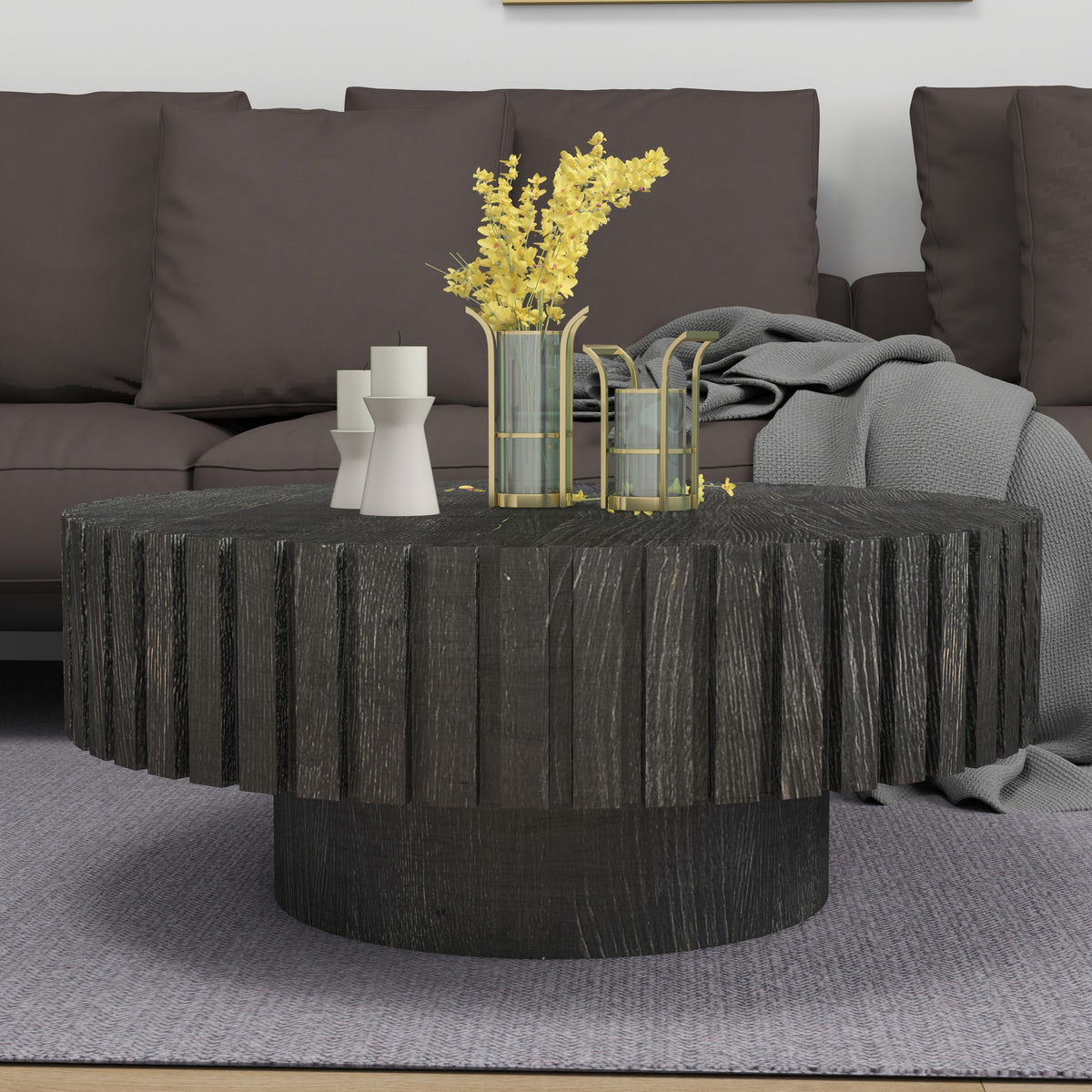 Modern minimalist circular black coffee table, 31.4-inch natural wood color and texture, space aesthetics suitable for easy assembly in living rooms, study rooms, and dining rooms