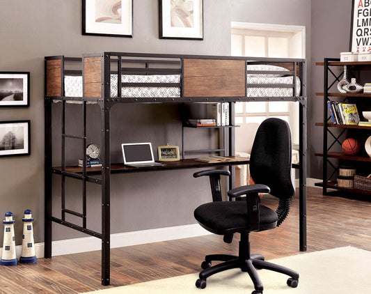 Industrial Style 1pc Twin Bed Metal Construction Attached Ladder Nailhead Trim Black Finish Bedroom Furniture